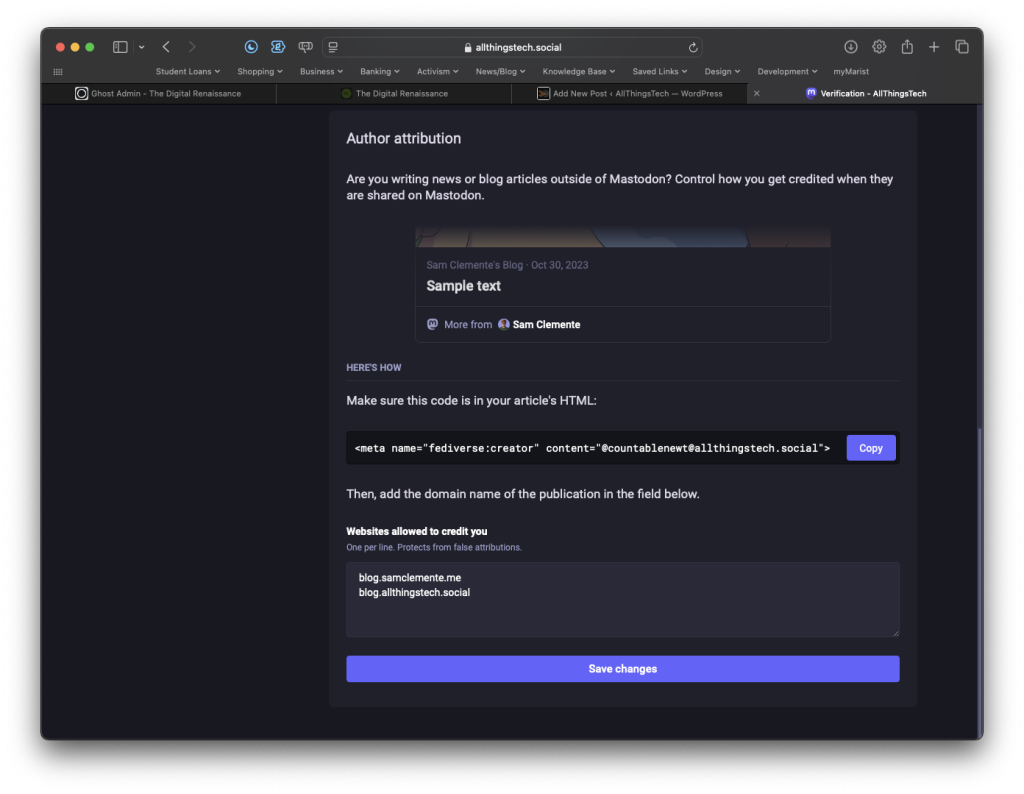 A screenshot of the author attribution section of Mastodon's settings page